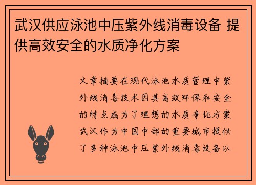 武汉供应泳池中压紫外线消毒设备 提供高效安全的水质净化方案